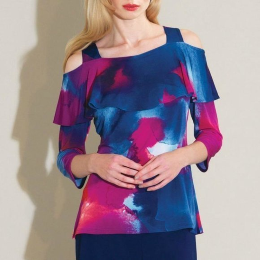 Clara Sun Woo Small S Purple Blue Watercolor Ruffle Off The Shoulder Top Blouse